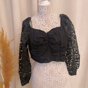 Zara black bustier top with printed puffer sleeve size XS